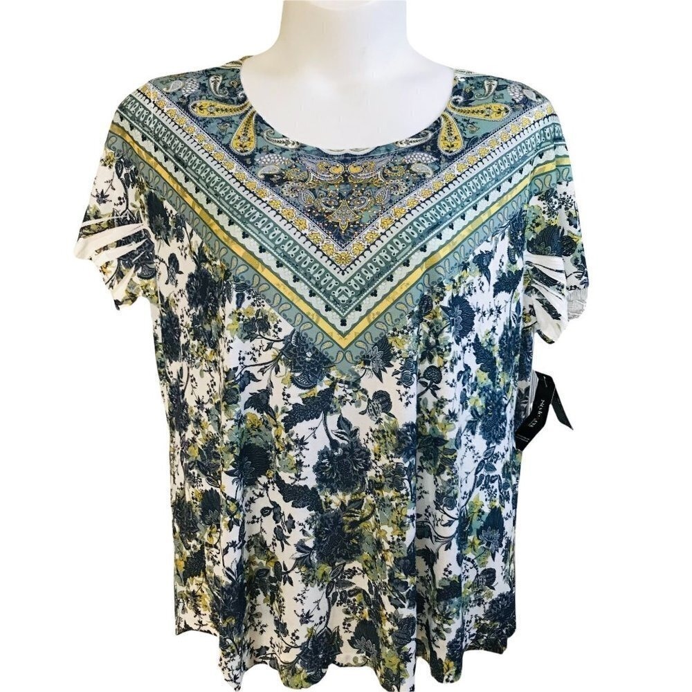 Womens‎ Casual Mixed Media Embellished Printed Short Sleeve Blouse Top - 3X